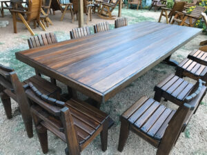 11 ft. Outdoor Dining Table - Dutton Style with ten Curved Seat Dining Chairs Quality Patio Furniture Handcrafted by Jack Hudson (830) 367-3848