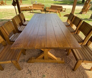 Quality Patio Furniture 8 ft. Outdoor Dining Table - Eastland Style with Curved Seat Dining Chairs Handcrafted by Jack Hudson (830) 367-3848 8 ft. Farmhouse Table with Curved Seat Dining Chairs Quality Patio Furniture Handcrafted by Jack Hudson (830) 367-3848