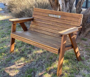 Quality Patio Furniture 4 ft. Low Back Couch with Memorial Plaque Handcrafted by Jack Hudson (830) 367-3848 4 ft. Low Back Couch with Memorial Plaque near top of backrest Quality Patio Furniture Handcrafted by Jack Hudson (830) 367-3848