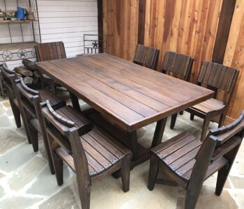 Quality Patio Furniture 8 ft. Outdoor Dining Table - Dutton Style with eight Curved Seat Dining Chairs Handcrafted by Jack Hudson (830) 367-3848 8 ft. Outdoor Dining Table - Dutton Style with eight Curved Seat Dining Chairs Quality Patio Furniture Handcrafted by Jack Hudson (830) 367-3848