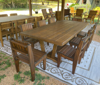 Quality Patio Furniture 8 ft. Outdoor Dining Table - Dutton Style with eight Curved Seat Dining Chairs Handcrafted by Jack Hudson (830) 367-3848 8 ft. Outdoor Dining Table - Dutton Style with eight Curved Seat Dining Chairs Quality Patio Furniture Handcrafted by Jack Hudson (830) 367-3848