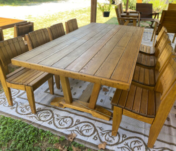 Quality Patio Furniture Custom 8 ft. Outdoor Dining Table - Dutton Style with eight Curved Seat Dining Chairs Handcrafted by Jack Hudson (830) 367-3848 8 ft. Outdoor Dining Table - Dutton Style with eight Curved Seat Dining Chairs Quality Patio Furniture Handcrafted by Jack Hudson (830) 367-3848