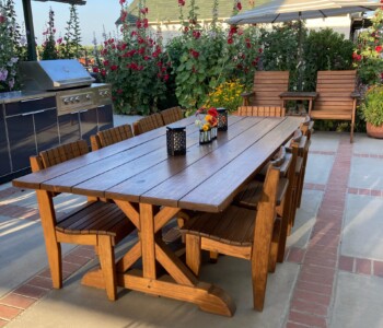 Quality Patio Furniture 8 ft. Outdoor Dining Table - Eastland Style with ten Curved Seat Dining Chairs Handcrafted by Jack Hudson (830) 367-3848 8 ft. Outdoor Dining Table - Eastland Style with ten Curved Seat Dining Chairs Quality Patio Furniture Handcrafted by Jack Hudson (830) 367-3848
