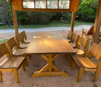 Quality Patio Furniture 8 ft. Outdoor Dining Table - Eastland Style with eight Curved Seat Dining Chairs Handcrafted by Jack Hudson (830) 367-3848 8 ft. Outdoor Dining Table - Eastland Style with eight Curved Seat Dining Chairs Quality Patio Furniture Handcrafted by Jack Hudson (830) 367-3848