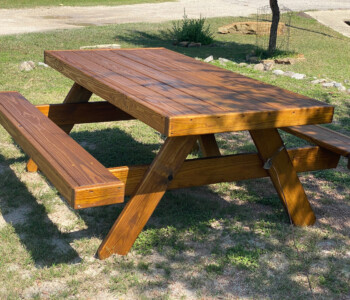 Quality Patio Furniture handcrafted 8 ft. Heavy Duty Picnic Table with Attached Benches is our most popular picnic table (830) 367-3848 Quality Patio Furniture 8 ft. Heavy Duty Picnic Table with Attached Benches is our most popular picnic table