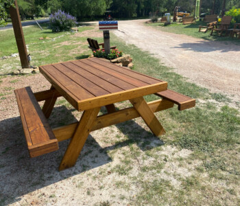 Quality Patio Furniture handcrafted 8 ft. Heavy Duty Picnic Table with Attached Benches seats eight adults (830) 367-3848 Quality Patio Furniture 8 ft. Heavy Duty Picnic Table with Attached Benches seats eight adults