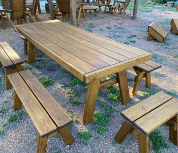Quality Patio Furniture 8 ft. Heavy Duty Picnic Table with four 4 ft. Benches and two 2 ft. End Benches Featured in our standard color which is a honey golden brown. Handcrafted by Jack Hudson (830) 367-3848 8 ft. Heavy Duty Picnic Table with four 4 ft. Benches and two 2 ft. End Benches is a honey golden brown color. Set shown on the sales lot with other furniture for sale. Handcrafted by Jack Hudson Quality Patio Furniture (830) 367-3848