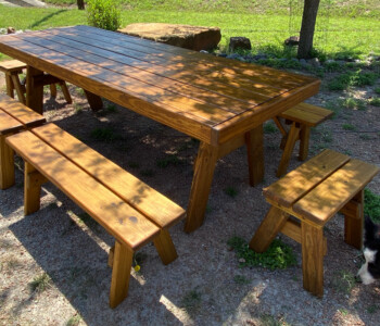 Quality Patio Furniture 8 ft. Heavy Duty Picnic Table with four 4 ft. Separate Benches and two 2 ft. End Benches Handcrafted by Jack Hudson (830) 367-3848 8 ft. Heavy Duty Picnic Table with four 4 ft. Separate Benches and two 2 ft. End Benches and a black and white Border Collie dog sitting near table Quality Patio Furniture Handcrafted by Jack Hudson (830) 367-3848