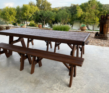 Quality Patio Furniture 8 ft. Heavy Duty Picnic Table with four 4 ft. Separate Benches in Canyon Brown (830) 367-3848 Quality Patio Furniture 8 ft. Heavy Duty Picnic Table with four 4 ft. Separate Benches in Canyon Brown