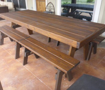 Quality Patio Furniture handcrafted 8 ft. Heavy Duty Picnic Table with four 4 ft. Separate Benches Handcrafted by Jack Hudson (830) 367-3848 8 ft. Heavy Duty Picnic Table with four 4 ft. Separate Benches, seats 8 adults, Quality Patio Furniture Handcrafted by Jack Hudson (830) 367-3848