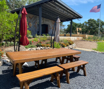 Quality Patio Furniture 8 ft. Heavy Duty Picnic Table with four 4 ft. Separate Benches with American Flag flying in the background (830) 367-3848 Quality Patio Furniture 8 ft. Heavy Duty Picnic Table with four 4 ft. Separate Benches with American Flag flying in the background