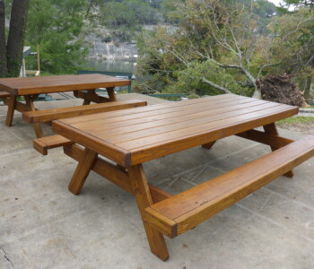 Beautiful 8 ft. Heavy Duty Picnic Table with Attached Benches handcrafted by Quality Patio Furniture (830) 367-3848 Beautiful 8 ft. Heavy Duty Picnic Table with Attached Benches by Quality Patio Furniture
