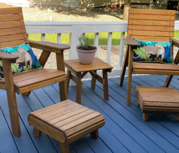 Quality Patio Furniture Deck Chairs with Hassock Footstools paired with a Side Table Handcrafted by Jack Hudson (830) 367-3848 Deck Chairs with Hassock Footstools paired with a Side Table Quality Patio Furniture Handcrafted by Jack Hudson (830) 367-3848