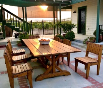 Quality Patio Furniture 8 ft. Outdoor Dining Table - Eastland Style with eight Curved Seat Dining Chairs Handcrafted by Jack Hudson (830) 367-3848 8 ft. Outdoor Dining Table - Eastland Style with eight Curved Seat Dining Chairs Quality Patio Furniture Handcrafted by Jack Hudson (830) 367-3848