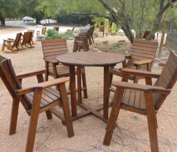 Quality Patio Furniture Round Tall Bistro Table With 4 Tall Deck Chairs Handcrafted by Jack Hudson (830) 367-3848 Quality Patio Furniture Round Tall Bistro Table With 4 Tall Deck Chairs Tall Deck Chairs - Hill Country Charm! Handcrafted by Jack Hudson (830) 367-3848