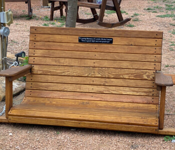Quality Patio Furniture Engraved Plaque on handcrafted 4 ft. High Back Porch Swing Handcrafted by Jack Huson (830) 367-3848 Engraved Plaque on 4 ft. High Back Porch Swing Quality Patio Furniture Handcrafted by Jack Hudson (830) 367-3848