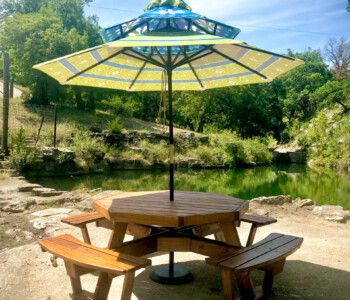 Quality Patio Furniture's Fan Favorite Octagon Picnic Table with Attached Benches with hole for umbrella Handcrafted by Jack Hudson (830) 367-3848 Fan Favorite - Octagon Picnic Table with Attached Benches with hole for umbrella Quality Patio Furniture