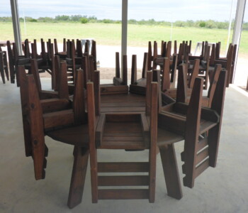 Quality Patio Furniture Round Picnic Tables with Farmhouse Chairs set up for Hunting Club Dinner Party Handcrafted by Jack Hudson (830) 367-3848 Hunting Club Dinner Party Round Picnic Table with Farmhouse Chairs Quality Patio Furniture Handcrafted by Jack Hudson (830) 367-3848