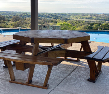 Quality Patio Furniture Octagon Picnic Table with Attached Benches is a comfortable table that seats 8 adults... watching the kids swim ... Handcrafted by Jack Hudson (830) 367-3848 Octagon Picnic Table with Attached Benches Quality Patio Furniture Handcrafted by Jack Hudson (830) 367-3848