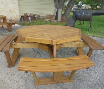 Quality Patio Furniture Octagon Picnic Tables with Attached Benches. Great ranch furniture Handcrafted by Jack Hudson (830) 367-3848 Octagon Picnic Tables with Attached Benches. Great ranch furniture Quality Patio Furniture Handcrafted by Jack Hudson (830) 367-3848