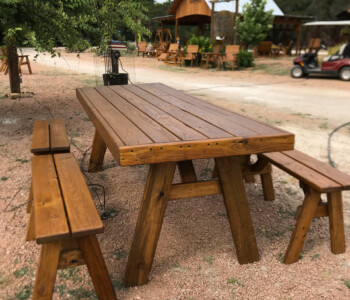 8 ft. handcrafted Heavy Duty Picnic Table with four 4 ft. Separate Benches is one of our most popular tables at Quality Patio Furniture. (830) 367-3848 8 ft. Heavy Duty Picnic Table with four 4 ft. Separate Benches