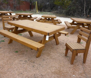 Quality Patio Furniture 8 ft. Heavy Duty Picnic Table with Attached Benches paired with Farmhouse Chairs on each end (830) 367-3848 Quality Patio Furniture 8 ft. Heavy Duty Picnic Table with Attached Benches paired with Farmhouse Chairs