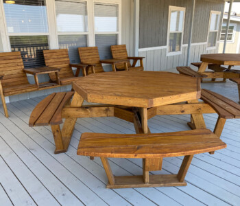 Quality Patio Furniture Octagon Picnic Tables with Attached Benches and two Side by Side Deck Chairs Handcrafted by Jack Hudson (830) 367-3848 Octagon Picnic Tables with Attached Benches and two Side-by-Side Deck Chairs Quality Patio Furniture Handcrafted by Jack Hudson (830) 367-3848