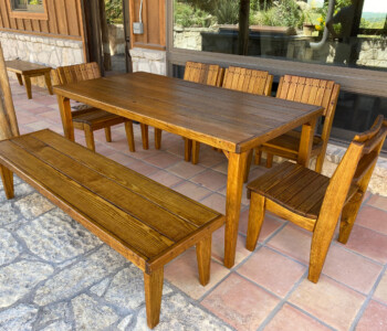 Quality Patio Furniture 6 ft. Outdoor Dining Table - Roarke Style with five Curved Seat Dining Chairs on one side of the table and one 6 ft. Courtside Bench Handcrafted by Jack Hudson (830) 367-3848 6 ft. Outdoor Dining Table - Roarke Style with five Curved Seat Dining Chairs and one 6 ft. Courtside Bench Quality Patio Furniture Handcrafted by Jack Hudson (830) 367-3848