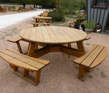 Quality Patio Furniture Round Picnic Table with Attached Benches Handcrafted by Jack Hudson (830) 367-3848 Round Picnic Table with Attached Benches seats 8 adults Quality Patio Furniture Handcrafted by Jack Hudson (830) 367-3848