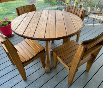 Quality Patio Furniture Round Picnic Table with Curved Seat Dining Chairs - seats four Handcrafted by Jack Hudson (830) 367-3848 Round Picnic Table with Curved Seat Dining Chairs - seats 4 Quality Patio Furniture Handcrafted by Jack Hudson (830) 367-3848