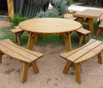 Quality Patio Furniture Round Picnic Table with four Curved Seat Separate Benches seats 8 adults Handcrafted by Jack Hudson (830) 367-3848 Round Picnic Table with four Curved Seat Separate Benches seats 8 adults Quality Patio Furniture Handcrafted by Jack Hudson (830) 367-3848