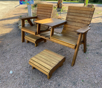 Quality Patio Furniture Side by Side Deck Chairs with Hassock Footstools Handcrafted by Jack Hudson (830) 367-3848 Side by Side Deck Chair features a built in table in-between the two chairs attached all in one piece. Displayed with two Hassock Footstools in from of each chair. Quality Patio Furniture Handcrafted by Jack Hudson (830) 367-3848