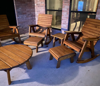 Quality Patio Furniture Cozy porch furniture... Rocking Chairs with Hassock Footstools and Round Coffee Table Handcrafted by Jack Hudson (830) 367-3848 Cozy porch furniture... Rocking Chairs with Hassock Footstools sitting around a Round Coffee Table Handcrafted by Jack Hudson Quality Patio Furniture (830) 367-3848