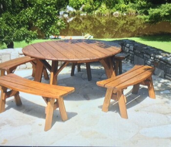 Quality Patio Furniture handcrafted Round Picnic Table with Separate Benches. Great on your porch patio or deck and easy to move. (830) 367-3848 Quality Patio Furniture Round Picnic Table with Separate Benches. Great on your porch patio or deck and easy to move.