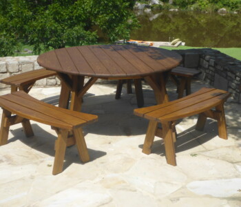 Quality Patio Furniture handcrafted Round Picnic Table with Separate Benches color Canyon Brown (830) 367-3848 Quality Patio Furniture Round Picnic Table with Separate Benches color Canyon Brown