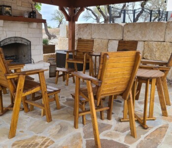 Quality Patio Furniture Tall Deck Chair conversation group Handcrafted by Jack Hudson (830) 367-3848 Tall Deck Chair conversation group under covered stone patio Quality Patio Furniture Handcrafted by Jack Hudson (830) 367-3848